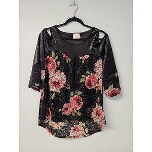 BNLK Womens S Black Artsy Burnout Velvet Blouse Top Pink Floral‎
